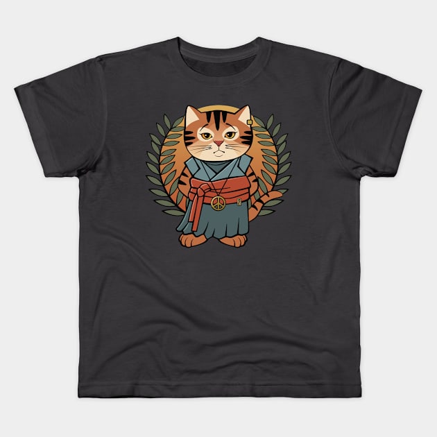 Peace Cat Samurai Kids T-Shirt by Sue Cervenka